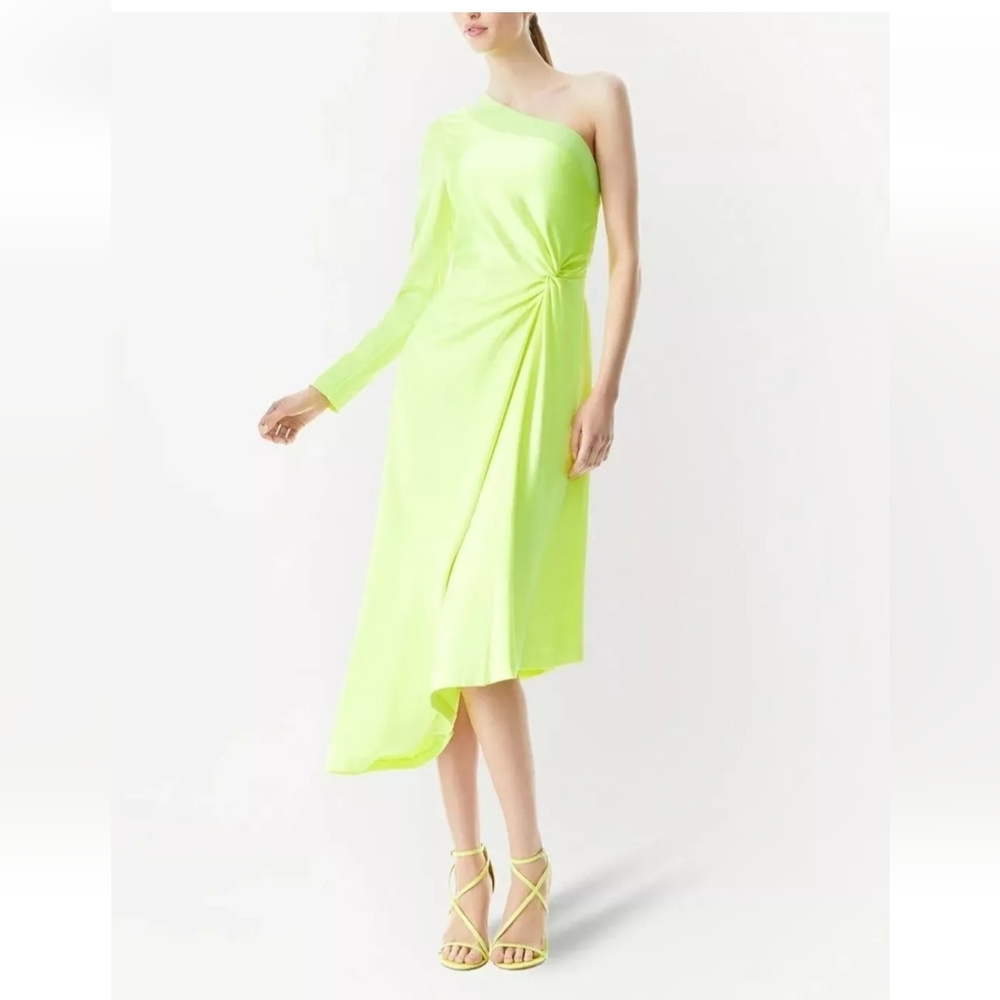 ALICE + OLIVIA Dora One-Shoulder Asymmetrical Yellow Neon Dress Size 6 - Picture 5 of 16